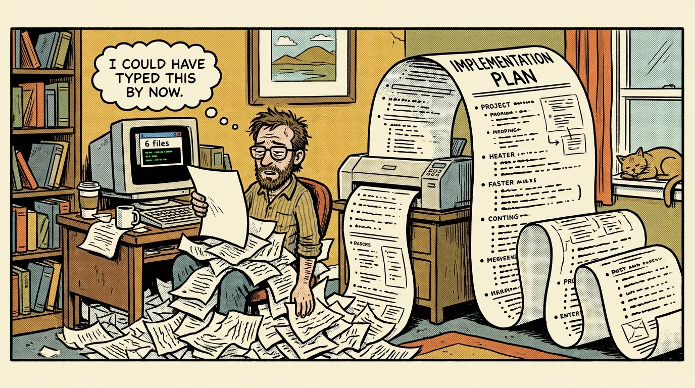 Comic strip: a developer buried in an enormous printed “Implementation Plan” scroll while his monitor shows a tiny six-file code diff.