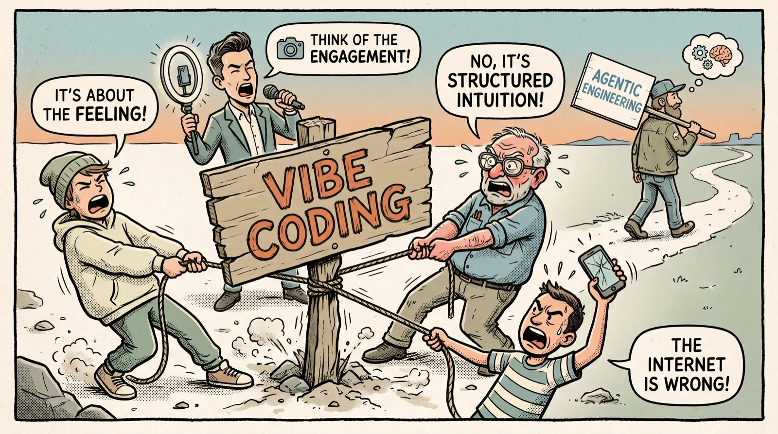 Comic strip: four people play tug of war with a wooden signpost reading VIBE CODING, each pulling in a different direction. A beginner in a hoodie shouts "It's about the feeling!", an influencer with a ring light "Think of the engagement!", a senior developer with glasses "No, it's structured intuition!" and a commenter waving a cracked phone "The internet is wrong!". In the background a man walks calmly away down a path, a fresh AGENTIC ENGINEERING sign over his shoulder, not looking back.