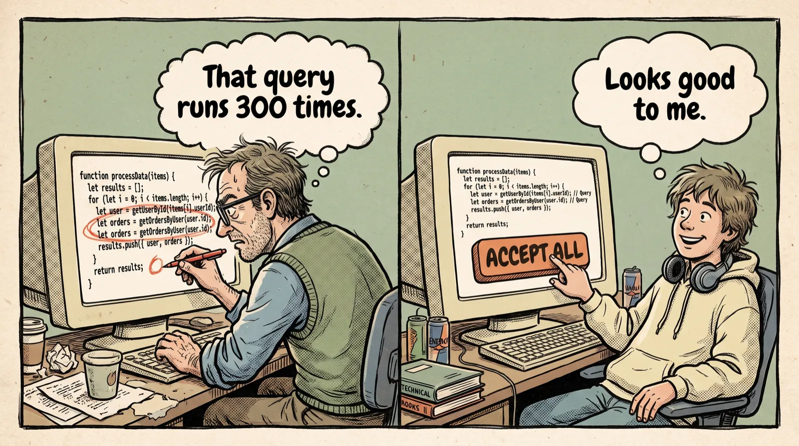 Comic strip in two panels split by a vertical line. The same generated code is on both screens. On the left a senior developer with glasses leans in, red pen in hand, circling two identical lines; his thought bubble says "That query runs 300 times." On the right a beginner in a hoodie, headphones round his neck, leans back and clicks a large ACCEPT ALL button; his bubble says "Looks good to me."