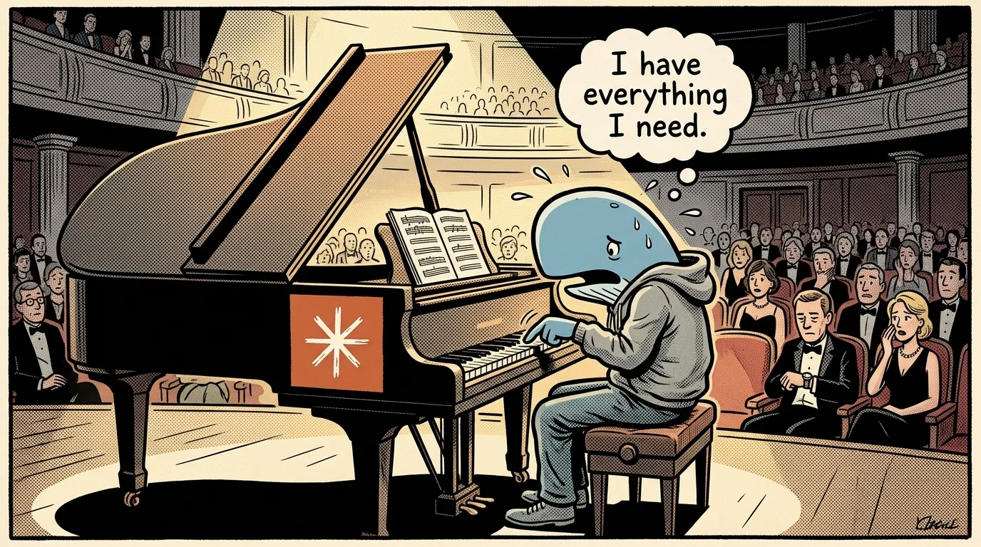 Comic strip: a nervous figure at a grand piano in a packed concert hall, sheet music open in front of it, thinking "I have everything I need." The audience checks their watches.