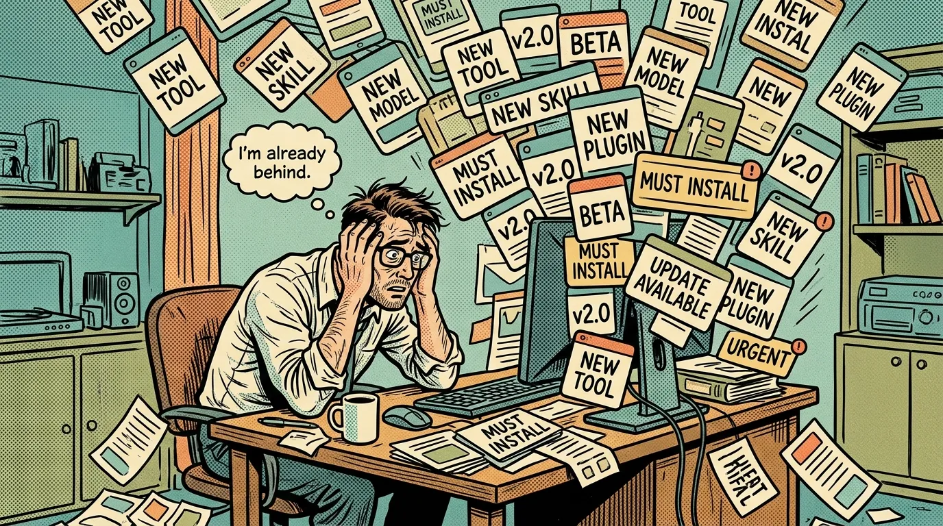 Comic strip: a developer slumped at his desk, head in hands, buried under a storm of notification cards reading NEW TOOL, NEW SKILL, MUST INSTALL, v2.0, BETA. He thinks "I'm already behind."