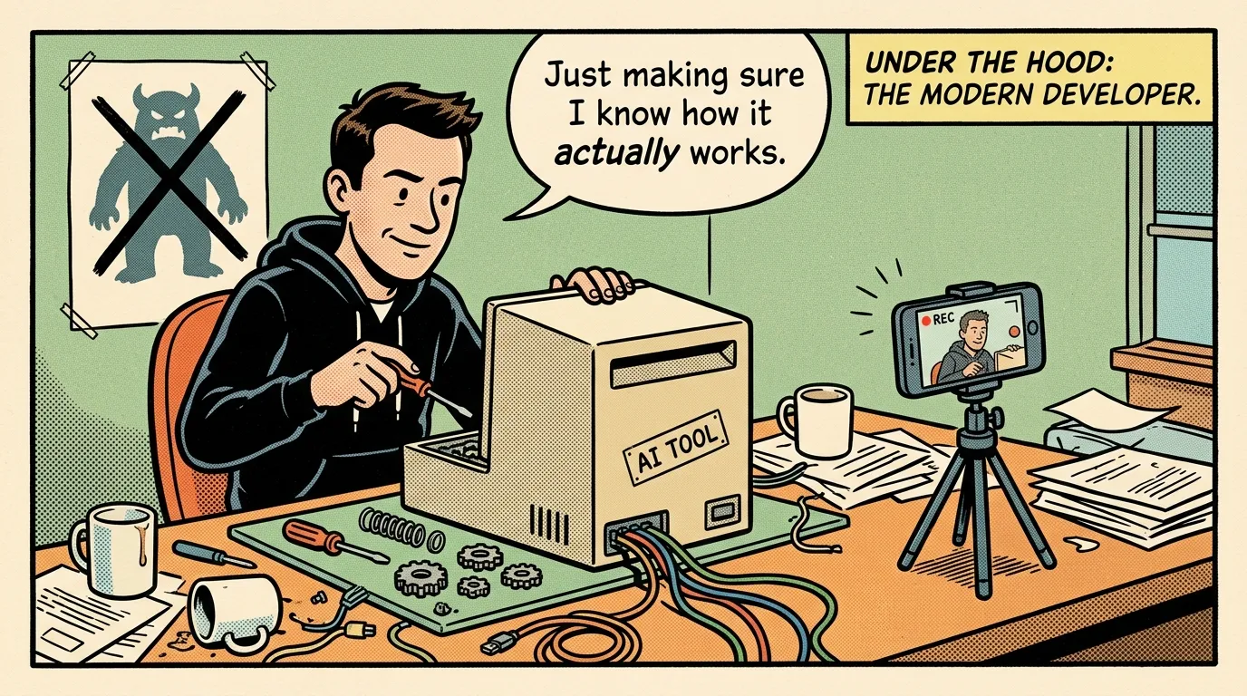Comic strip: a developer calmly unscrewing a box labelled AI TOOL on his desk while a phone records him, saying "Just making sure I know how it actually works." A poster of a monster is crossed out on the wall.